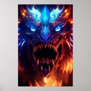 Modern blått och rött Glowing Fantasy Dragon Graph Poster