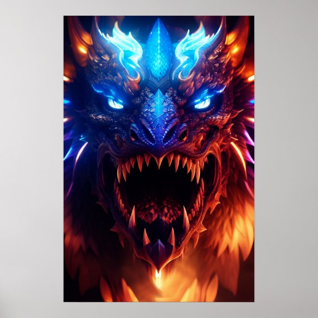 Modern blått och rött Glowing Fantasy Dragon Graph Poster (Framsidan)