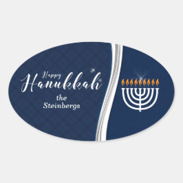 Modern blått och vit med namn för Hanukkah Ovalt Klistermärke