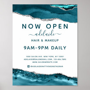 Modern blått Silver Glitter Hair Salon Open Sign Poster