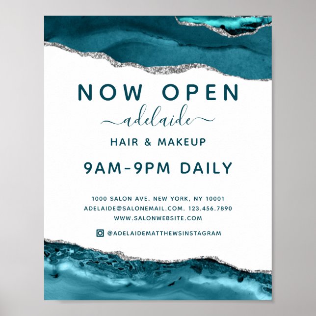 Modern blått Silver Glitter Hair Salon Open Sign Poster (Framsidan)