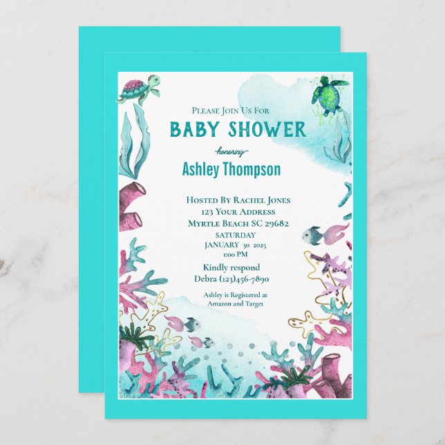 Modern blått under Sea Baby Shower Inbjudningar (Fram/baksida)