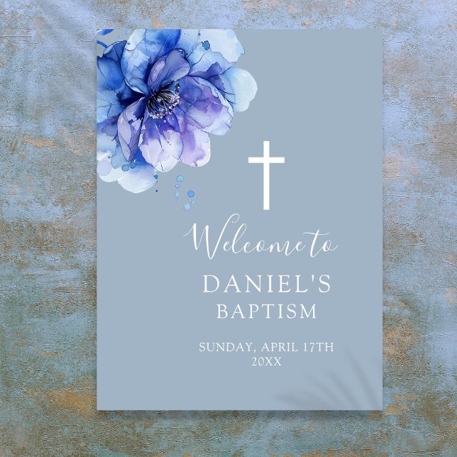 Modern Blått Vattenfärg Blommig Dop Välkomstskylt Poster (Blue Modern Watercolor Floral Baptism Welcome Sign)