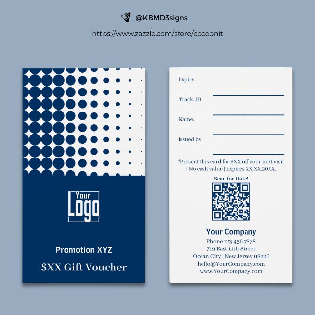 Modern blått Vita kampanjkupongkort Visitkort (Classic Blue White Promotional Gift Voucher Card, Profile Format, Logo, Track.ID., QR code, Terms)