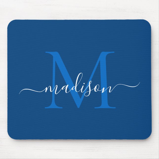 Modern, blått vitt monogramskript för snyggt musmatta (Framsidan)