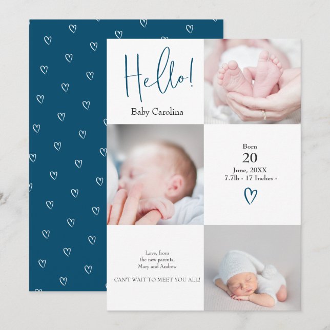 Modern blåvit hej 3 foton baby födelse meddelande (Fram/baksida)