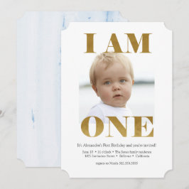 Modern Blek Blue + Guld 1:a födelsedagsinbjudan Inbjudningar