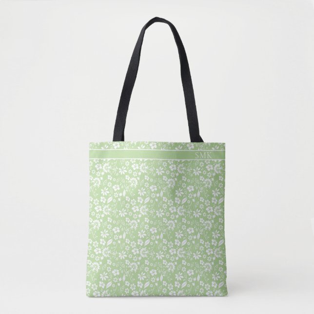 Modern Blek Lime Green Tropical Flowers Monogram Tygkasse (Framsida)