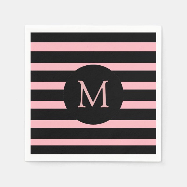 Modern Blek Rosa och svart Rand Monogram Pappersservett (Framsidan)