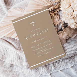 Modern Blek Taupe Baptism White Gräns Inbjudningar