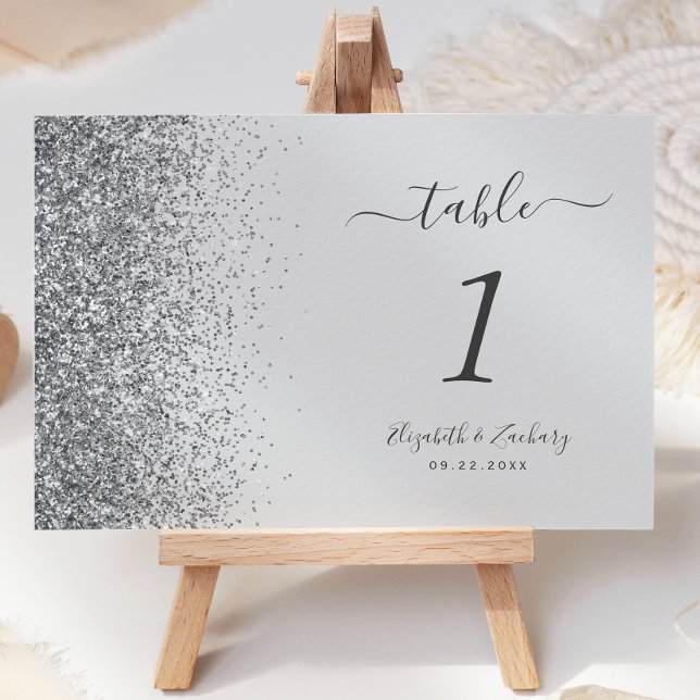 Modern blekgrå silver glitterkant bröllop bordsnummer (Skapare uppladdad)
