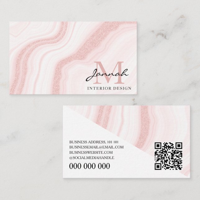 Modern Blekröd Marmorerad QR-kod Inredningsdesign Visitkort (Fram/baksida)