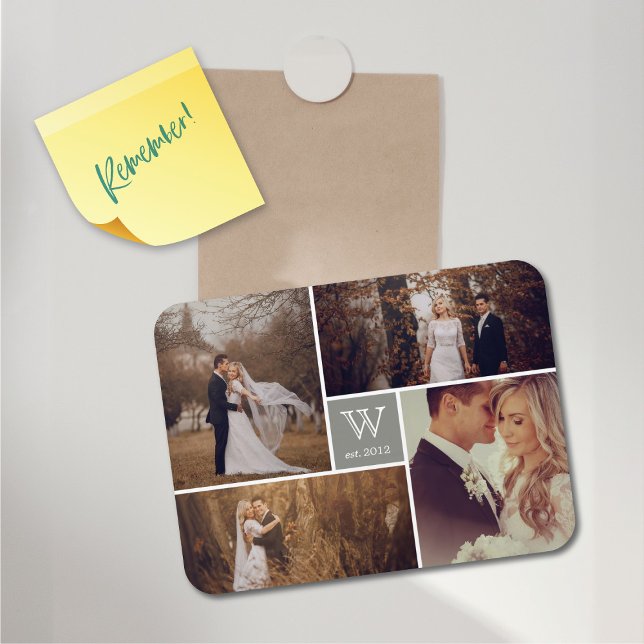 Modern Block Bröllop Monogram Photo Collage Magnet (Modern Block Wedding Monogram 4 Photo Collage Flexible Magnet @ fat_fa_tin)