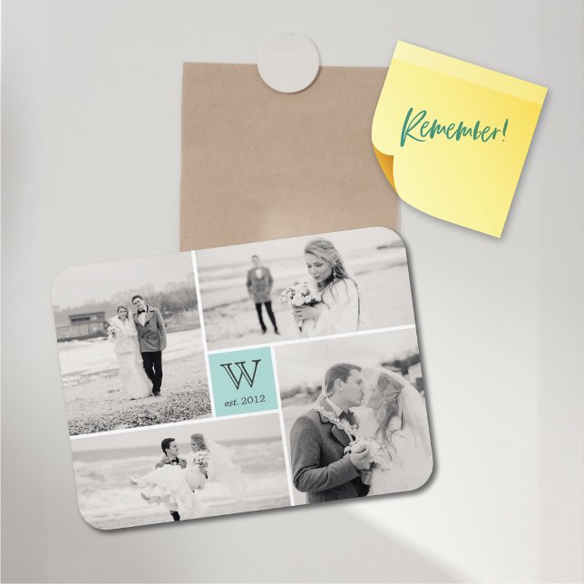 Modern Block Bröllop Monogram Photo Collage Magnet (Modern Block Wedding Monogram 4 Photo Collage Flexible Magnet @ fat_fa_tin)