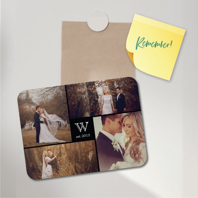 Modern Block Bröllop Monogram Photo Collage Magnet (Modern Block Wedding Monogram 4 Photo Collage Flexible Magnet @ fat_fa_tin)