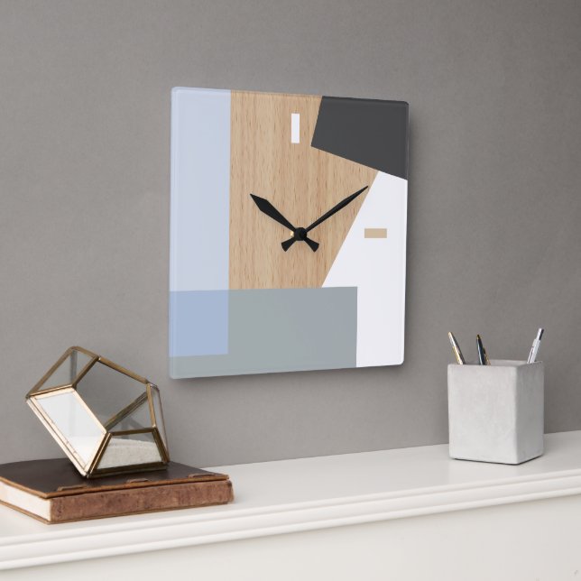Modern Block Rand Mönster Art på träsket Faux Wood Fyrkantig Klocka (Kontor)