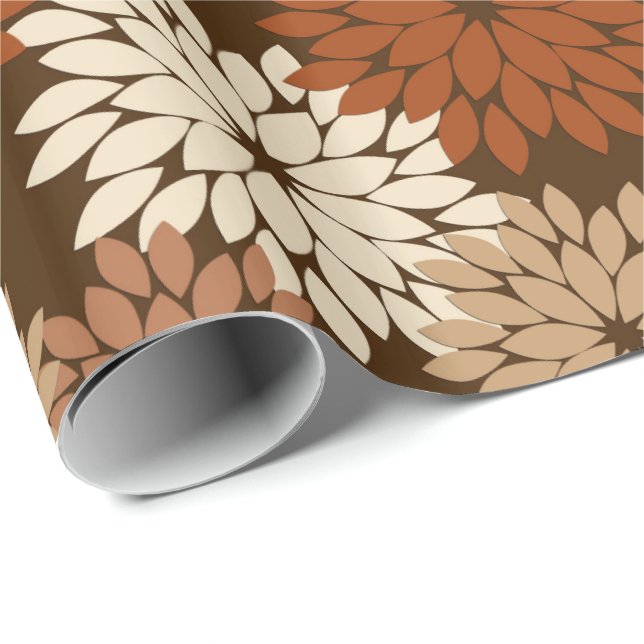 Modern blom- Kimonotryck, mörkbrunt och solbränna Presentpapper (Rullad Hörn)