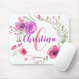 Modern blom- rosa vattenfärgMonogram för chic Musmatta