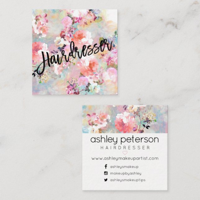 Modern blom- vattenfärg för frisörtypografi fyrkantigt visitkort (Fram/baksida)