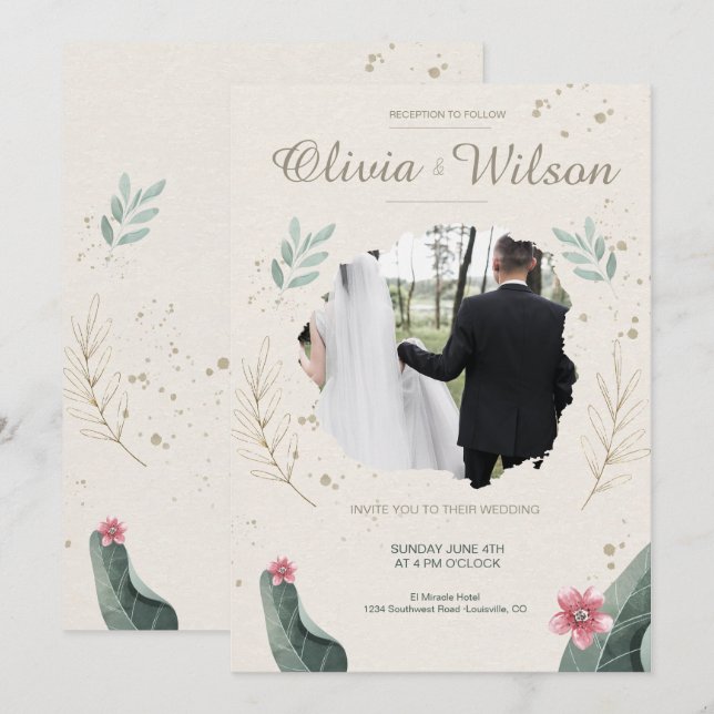 Modern blomfoto rustik bröllop inbjudningar (Fram/baksida)