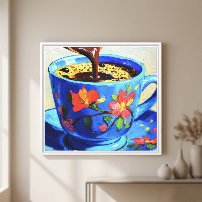 Modern Blomkruka Kaffe kopp Fyrkantig Canvas (#CoffeeArt
#BlueCoffeeCup
#KitchenWallArt
#CoffeeLovers
#ModernWallDecor
#TexturedOilPainting
#Still)