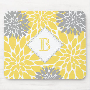 Modern blomma, initialt monogram, Gult Grått Musmatta