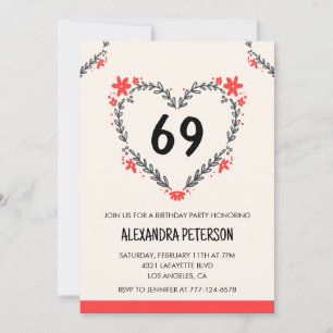 Modern Blommande Hjärtform för hennes 69-årsdag fö Inbjudningar