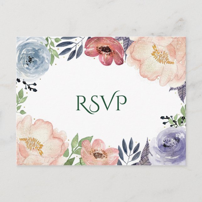 Modern Blommig Akvarell Elegant Chic RSVP Bröllop Inbjudan Vykort (Framsida)