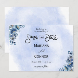 Modern Blommig Blå Bröllopsinbjudan Save the Date Inbjudningar