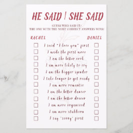 Modern Blommig Bröllopsdusch-lek "Han sa, hon sa"