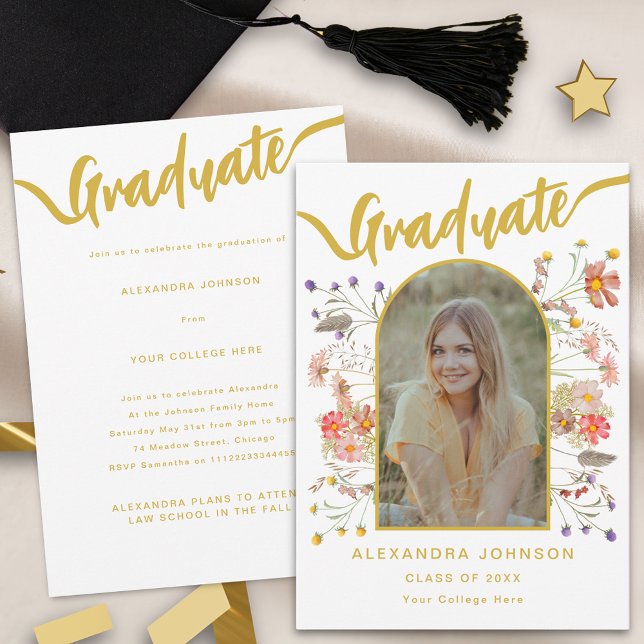 Modern Blommig Examenstillkännagivelse Fest Inbjudningar (Boho chic wildflower watercolor floral arch photo graduation announcement party invite)