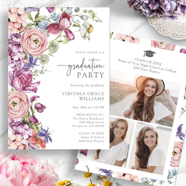 Modern blommig inbjudan till examensfest (Modern Floral Watercolor Graduation Party Invitation with Pictures by Painted Paperie
)