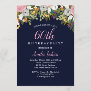 Modern Blommig Marin Rosa 60-årsdag Inbjudningar