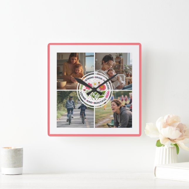 Modern Blommig Multi-Foto Anpassad Mors Dag Fyrkantig Klocka (Hem)
