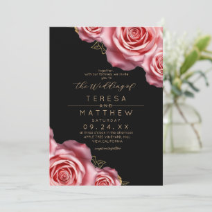 Modern Blommig Rosa och Svart Bröllop Inbjudningar