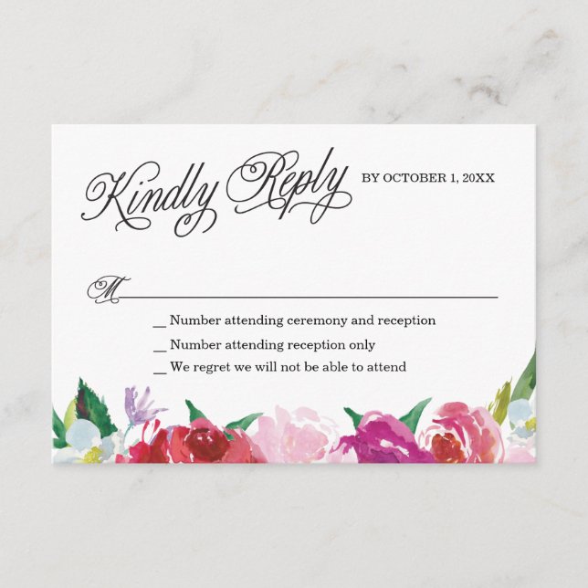 Modern blommig RSVP-kort med anpassade svar. OSA Kort (Framsida)