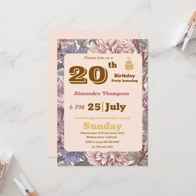 Modern blommigt 20:e födelsedagsfestens Lila Inbjudningar (Fram/Back In Situ)