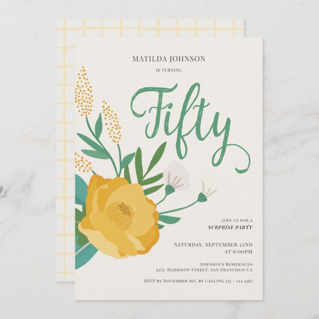 Modern Blommigt - 50:e Födelsedagsfesten överraskn Inbjudningar (Fram/baksida)