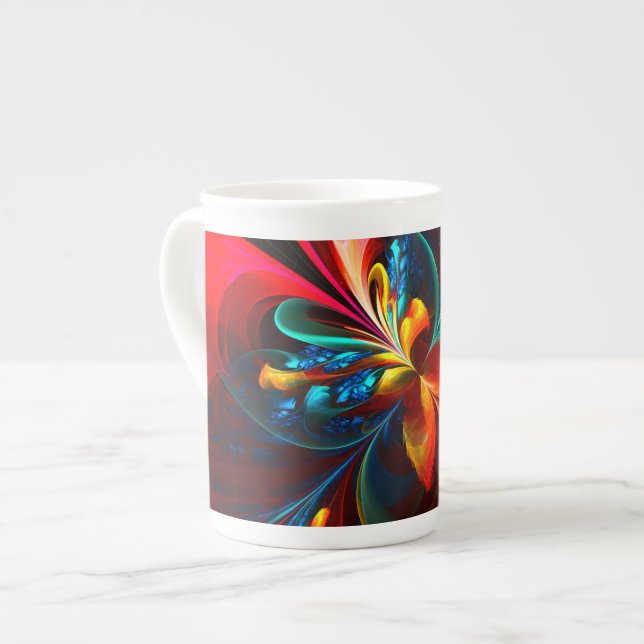 Modern Blommigt Abstrakt Art Orange Blue Mönster # Benporslin Mugg (Framsida vänster)