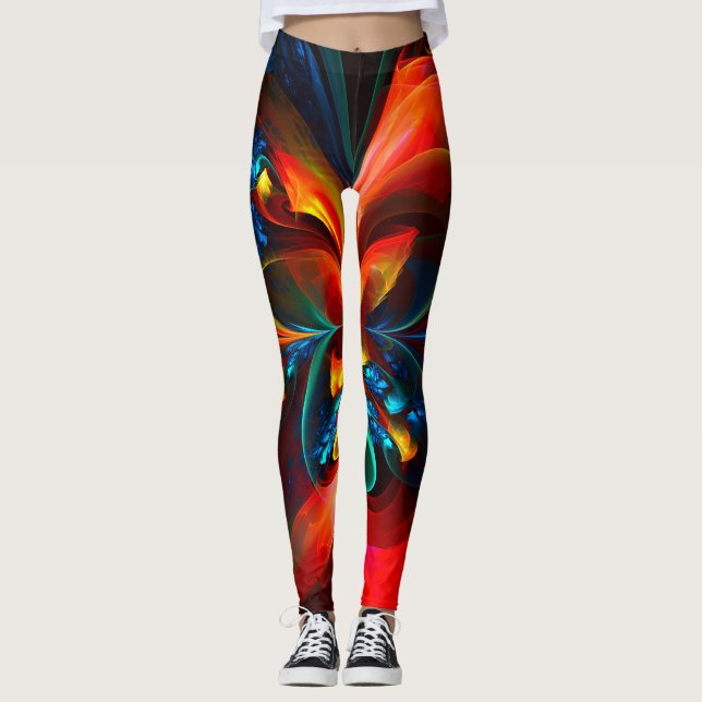 Modern Blommigt Abstrakt Art Orange Blue Mönster # Leggings (Framsida)