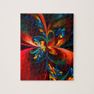 Modern Blommigt Abstrakt Art Orange Blue Mönster # Pussel