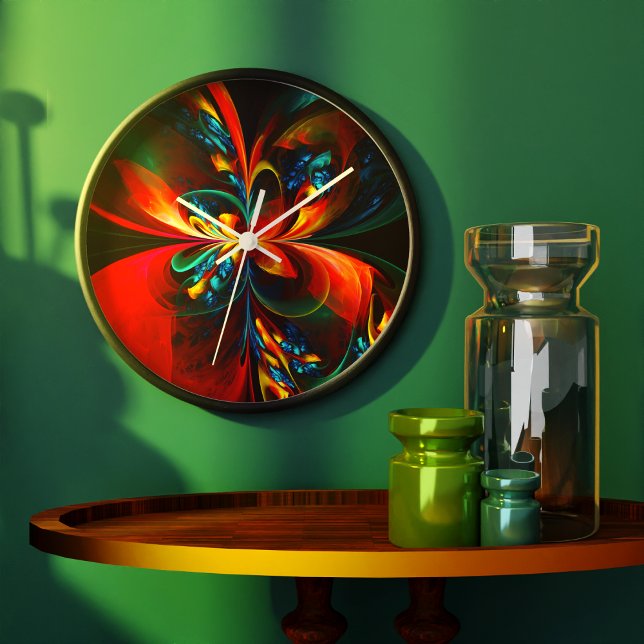 Modern Blommigt Abstrakt Art Orange Blue Mönster # Stor Klocka (Modern Floral Abstract Art Orange Blue Pattern #14 Clock)