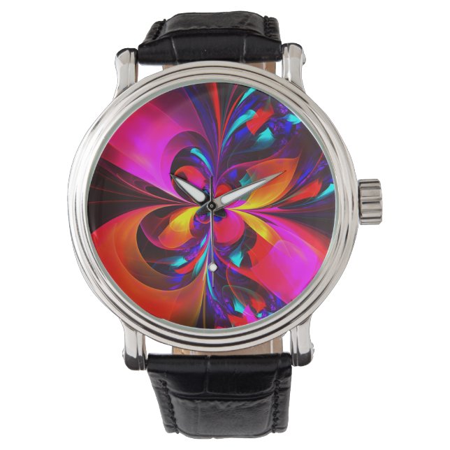 Modern Blommigt Abstrakt Art Red Blue Mönster #07 Armbandsur (Framsida)
