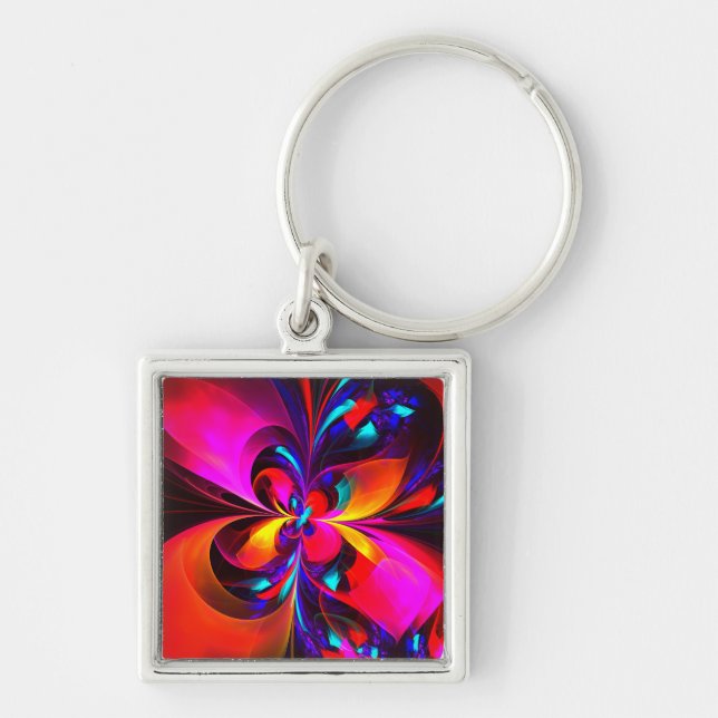 Modern Blommigt Abstrakt Art Red Blue Mönster #07 Fyrkantig Silverfärgad Nyckelring (Framsidan)