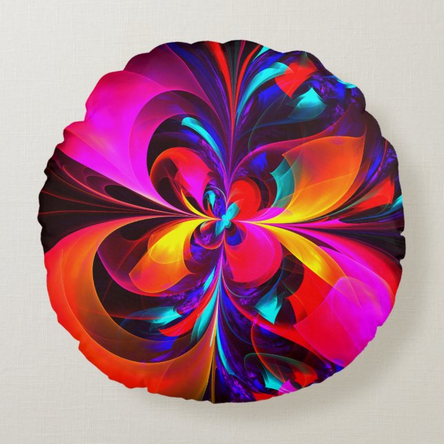 Modern Blommigt Abstrakt Art Red Blue Mönster #07 Rund Kudde (Framsidan)