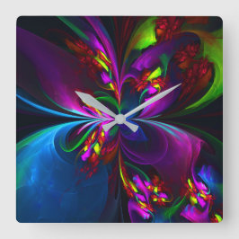 Modern Blommigt Abstrakt Art Red Blue Mönster #15 Fyrkantig Klocka