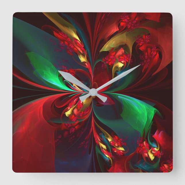 Modern Blommigt Abstrakt Art Red Grönt Mönster #11 Fyrkantig Klocka (Framsida)