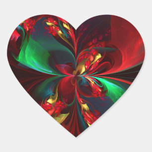 Modern Blommigt Abstrakt Art Red Grönt Mönster #11 Hjärtformat Klistermärke