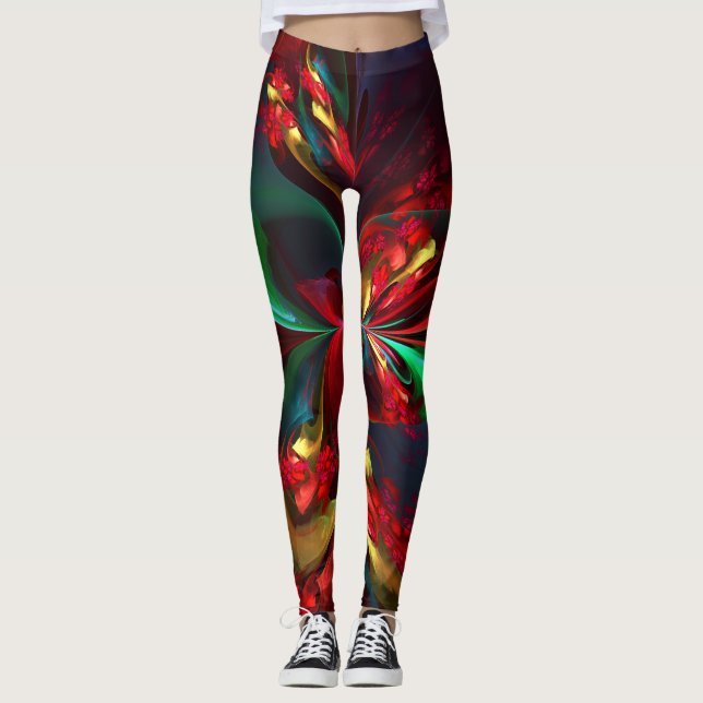 Modern Blommigt Abstrakt Art Red Grönt Mönster #11 Leggings (Framsida)