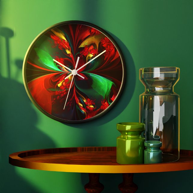 Modern Blommigt Abstrakt Art Red Grönt Mönster #11 Stor Klocka (Modern Floral Abstract Art Red Green Pattern #11 Clock)